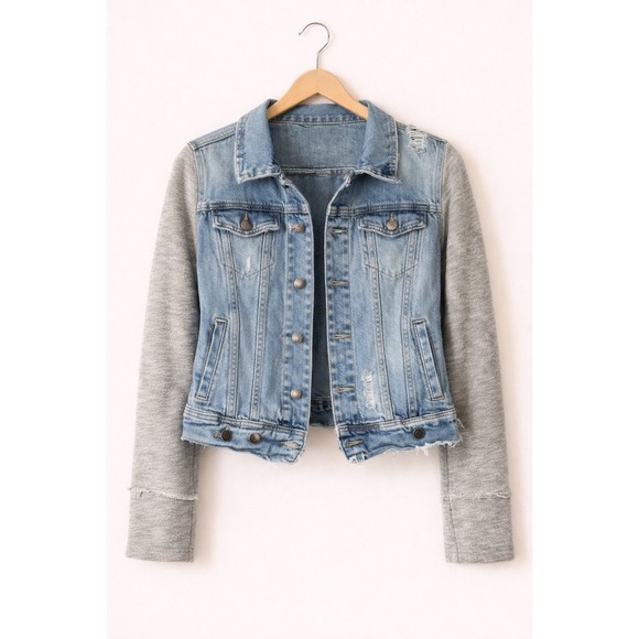Free People Jackets & Blazers - Free People Small Mixed Media Denim‎ Jacket Distressed Knit Sleeves Shacket